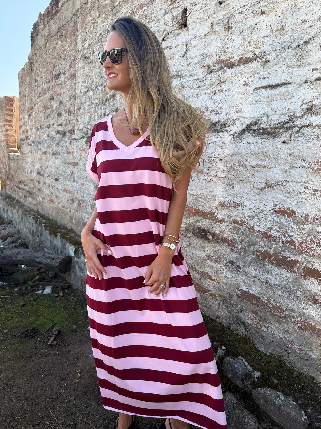 Vestido rayas burdeo