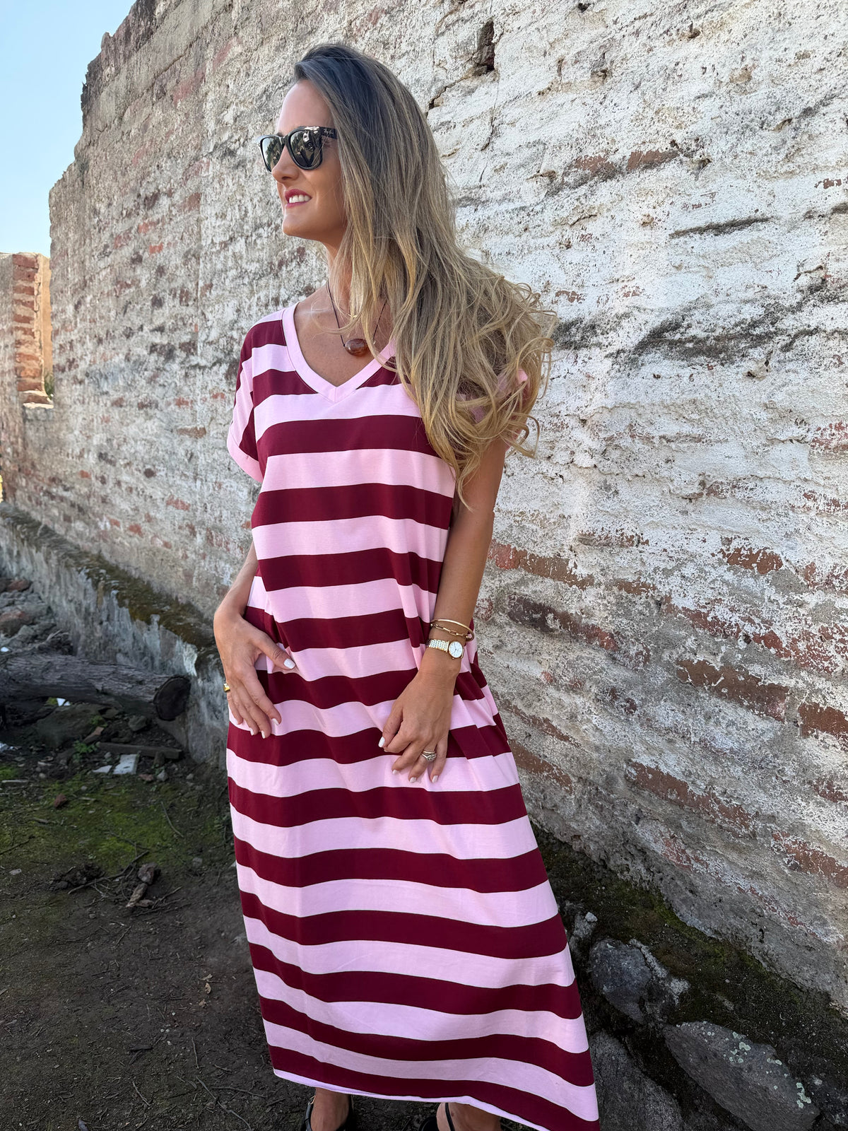 Vestido rayas burdeo