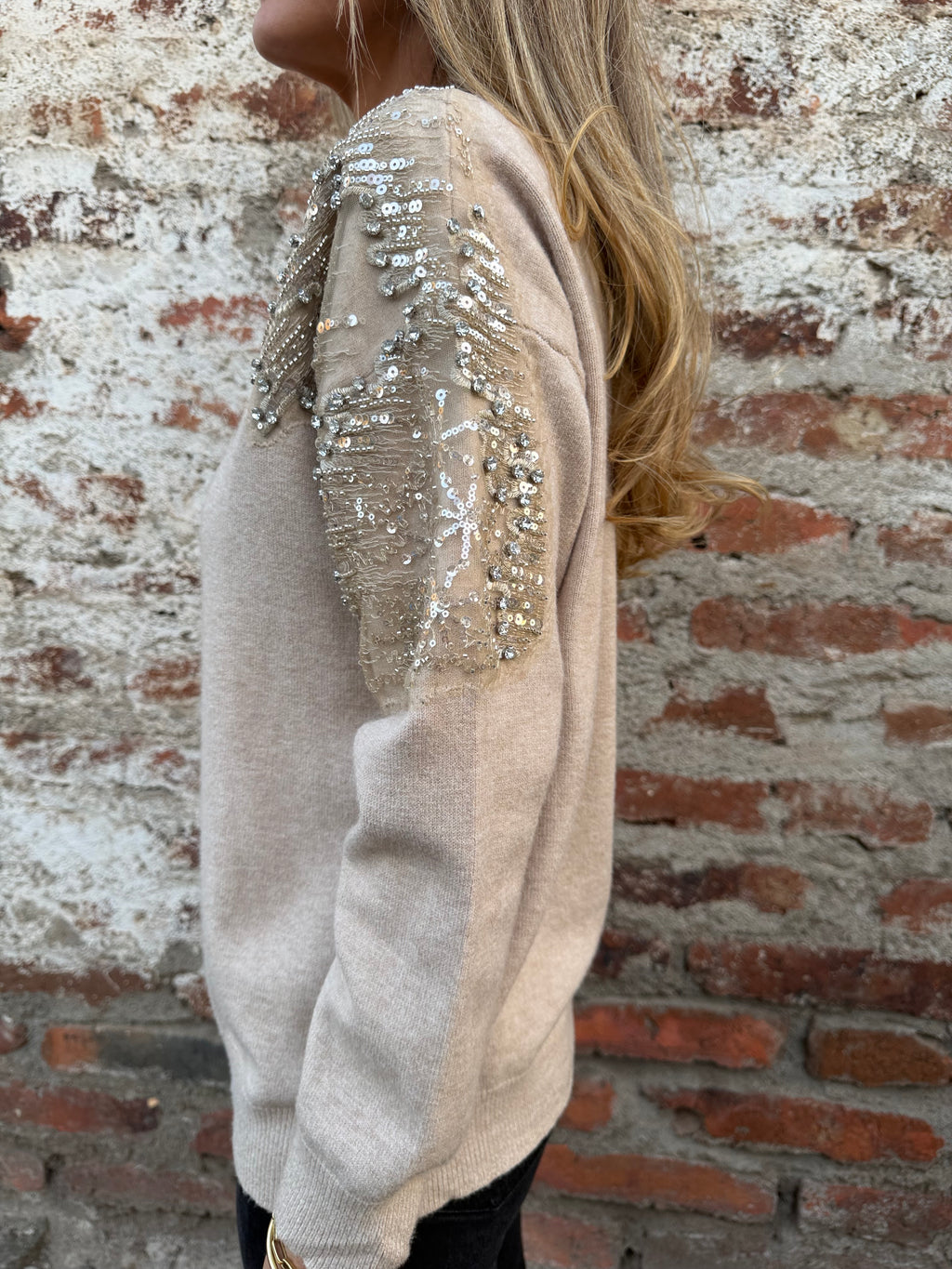 Chaleco cristales, lentejuelas y mostacillas beige claro