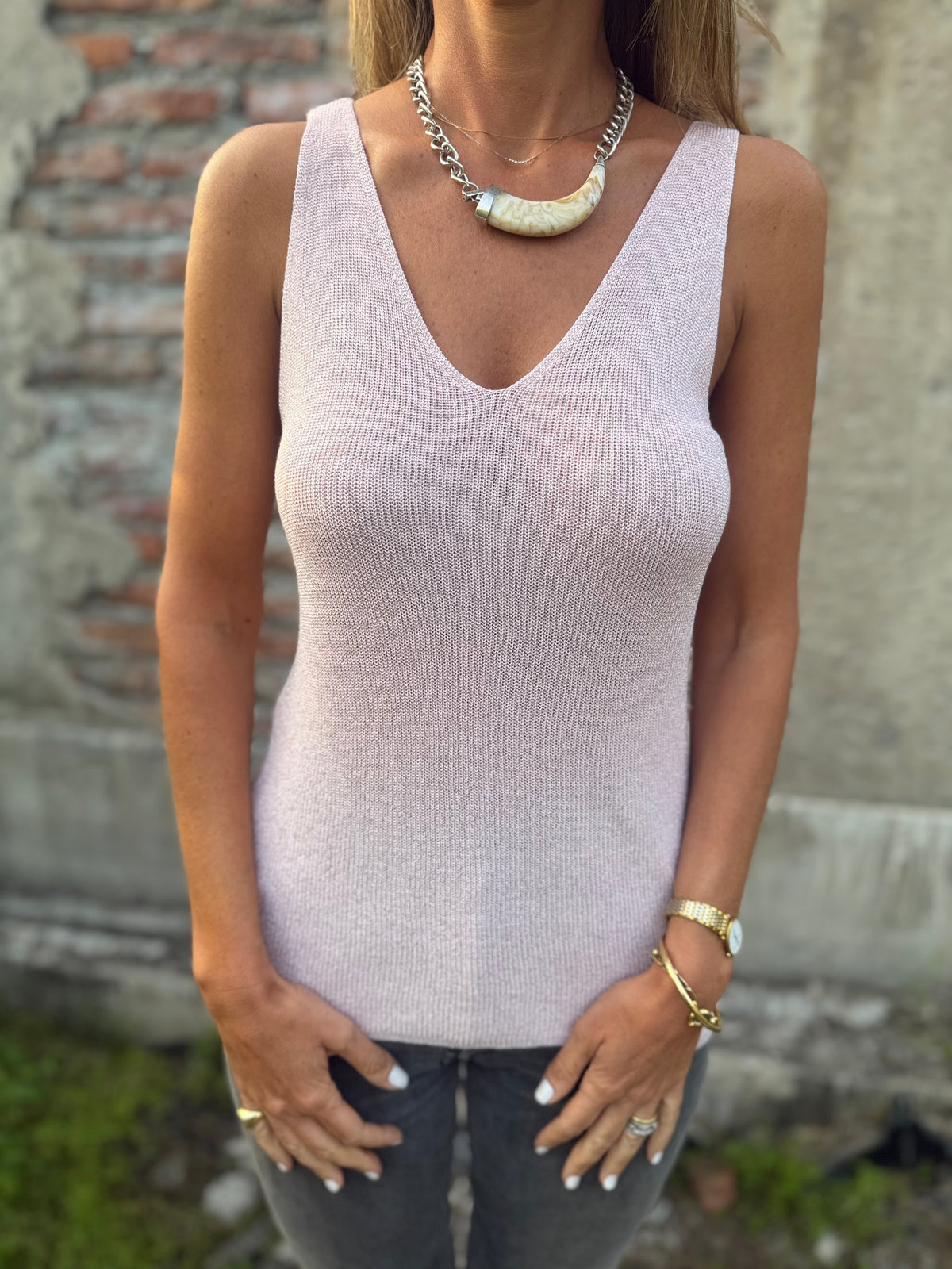 Polera hilo lúrex simple rosada